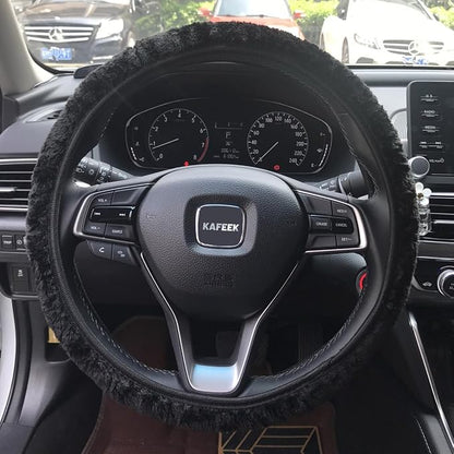 KAFEEK Elastic Long Microfiber Plush Steering Wheel Cover for Winter Warm, Universal 15 inch, Anti-Slip, Odorless, Black