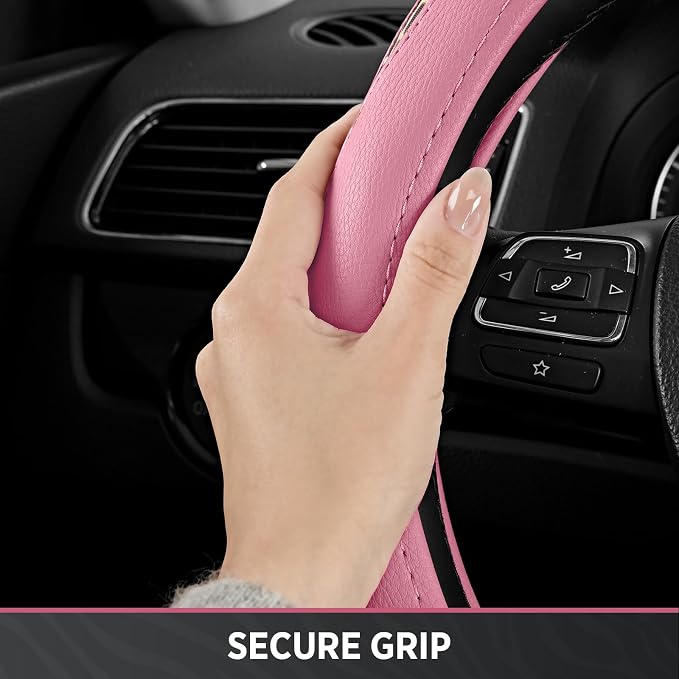 Road Comforts Steering Wheel Cover - Flat Bottom Wheel Cover Made with PVC Leather and Leopard Fabric - Universal Fit for 15-Inch D-Shaped Automotive Steering Wheels (Pink Color)