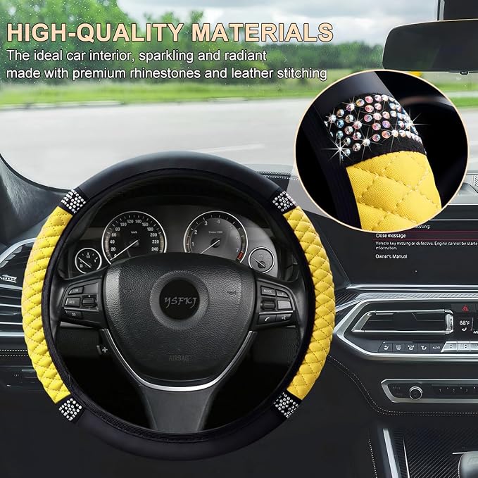 Soft Leather Car Steering Wheel Cover, Universal 15 Inch Colorful Rhinestones Anti-Slip Elastic Steering Wheel Covers for Most Cars, Sparkly Crystal Diamond for Women Girls (Yellow)