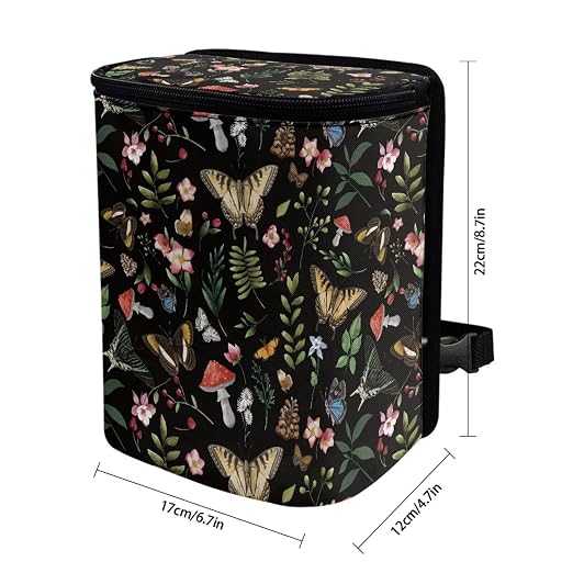Talayituse Mushroom Butterfly Flower Print Car Trash Bin, Large Size Auto Trash Can Adjustable Portable Garbage Can with Lid, Vehicle Hanging Bag for Headrest Front Back Seat