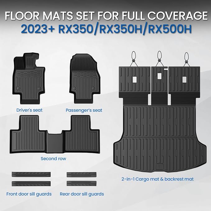Floor Mats Set for Lexus RX350/RX350h/RX500h 2023 2024 2025 2026, All Weather TPE Floor Liners Backrest Mat Trunk Mat Cargo Liner Door Sill Guards Accessories for RX350/RX350h/RX500h