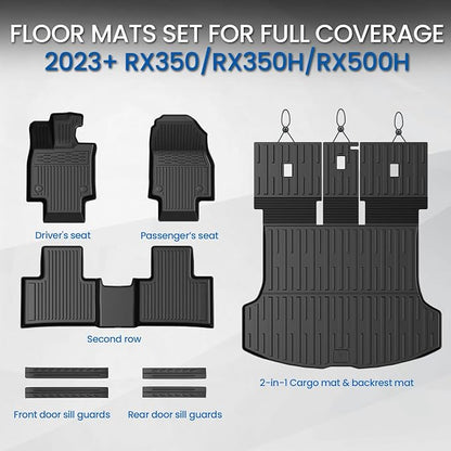 Floor Mats Set for Lexus RX350/RX350h/RX500h 2023 2024 2025 2026, All Weather TPE Floor Liners Backrest Mat Trunk Mat Cargo Liner Door Sill Guards Accessories for RX350/RX350h/RX500h