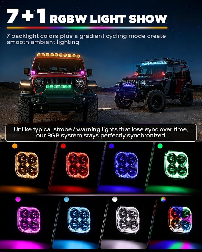 Auxbeam Color Play Series RGB Ditch Light Pods, 3-Inch Multicolor RGBW Offroad Spot Light Bar, 116W 12960 Lumen Color Changing Backlight 7 Color Gradient Cycle A-Pillar Fog Lights, 2-Pack