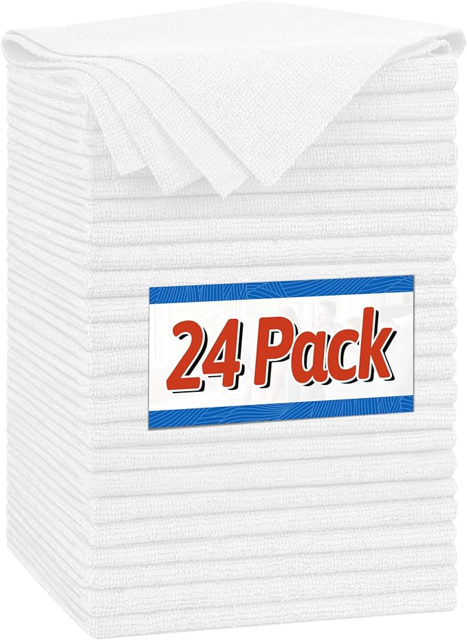 FIXSMITH Microfiber Cleaning Cloth, Shop Towels Bulk, 24 Pack White Microfiber Towels for Cars, All-Purpose Absorbent Cleaning Rags, Dust Cloth for Automotive, Mechanic, Garage, Bar, 12 x 11 inch