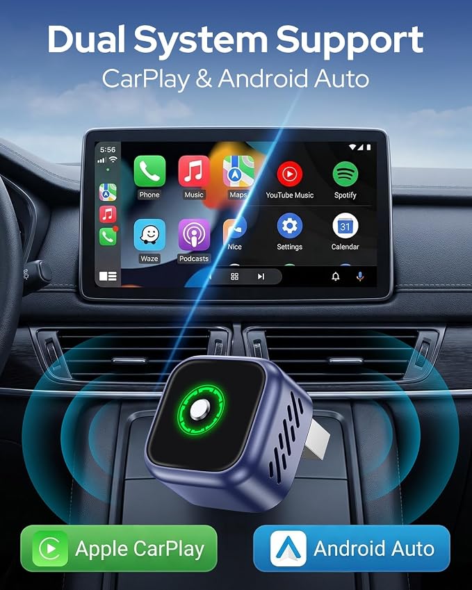 2-in-1 Wireless CarPlay & Android Auto Wireless Adapter, One-Click Switch for Apple iPhone and Android, Converts Wired to Wireless, Plug and Play for USB/USB-C, Compatible with 1000+ Vehicles