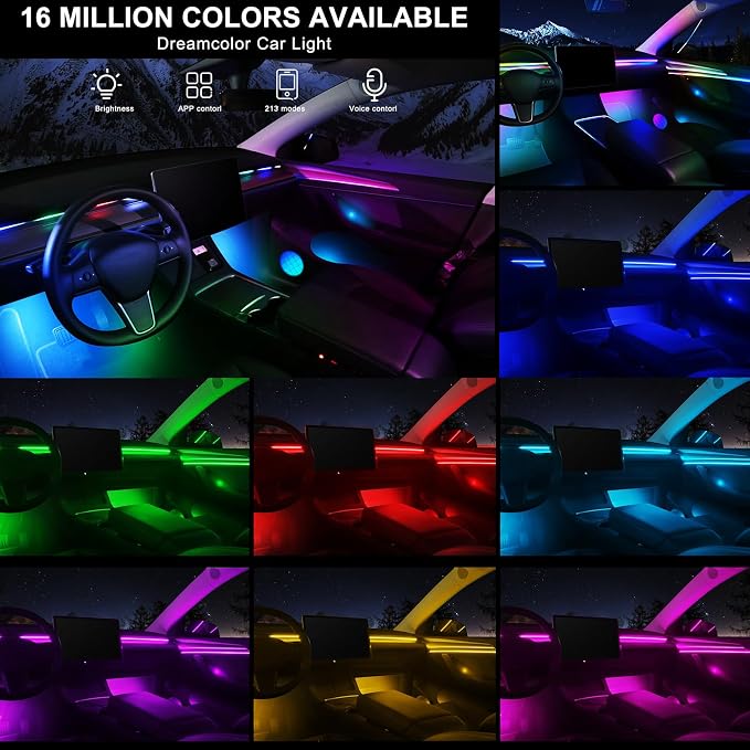 Dreamcolor Acrylic Interior Car LED Strip Light with Wireless APP, Dual Zone RGB 22 in 1 with 175 inches 600 LEDs Fiber Optic Ambient Lighting Kits, Music Sync Neon LED Strip for Car Accessories