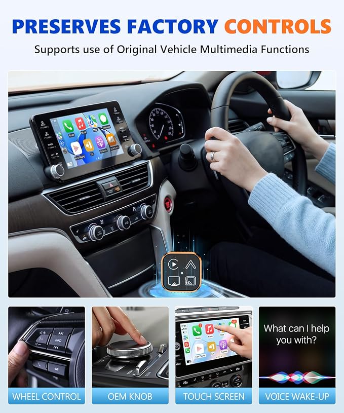 4-in-1 Mini Wireless CarPlay & Android Auto Adapter Support AirPlay/MirrorLink, Convert Wired to Wireless, Auto-Connect for Daily Commute, 5.8GHz Stable Connection, Plug & Play Dongle, Orange