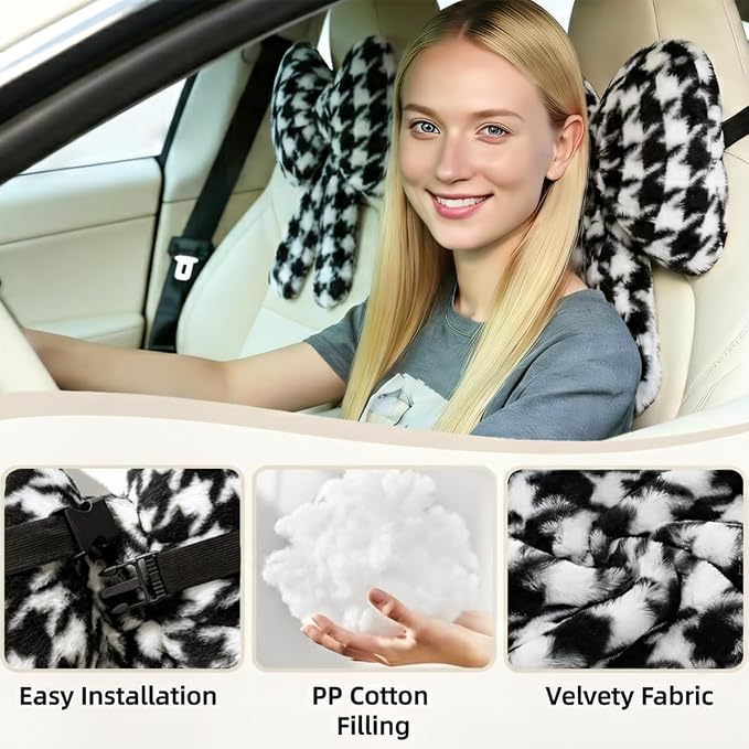 Sexysamba 2 Pcs Plush Bow Car Headrest Neck Pillow Cute Bow Pillow for Car Seat Décor Soft Neck Support for Comfortable Driving Traveling Office Fluffy Head Rest Cushion, Black Houndstooth