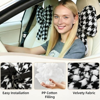 Sexysamba 2 Pcs Plush Bow Car Headrest Neck Pillow Cute Bow Pillow for Car Seat Décor Soft Neck Support for Comfortable Driving Traveling Office Fluffy Head Rest Cushion, Black Houndstooth