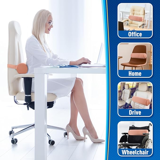 Lumbar Roll Support Pillow for Office Chair, Car, Gaming Chair, Memory Foam Back Cushion with Washable Cover for Relieving Back Pain & Improving Posture, Large,Pink