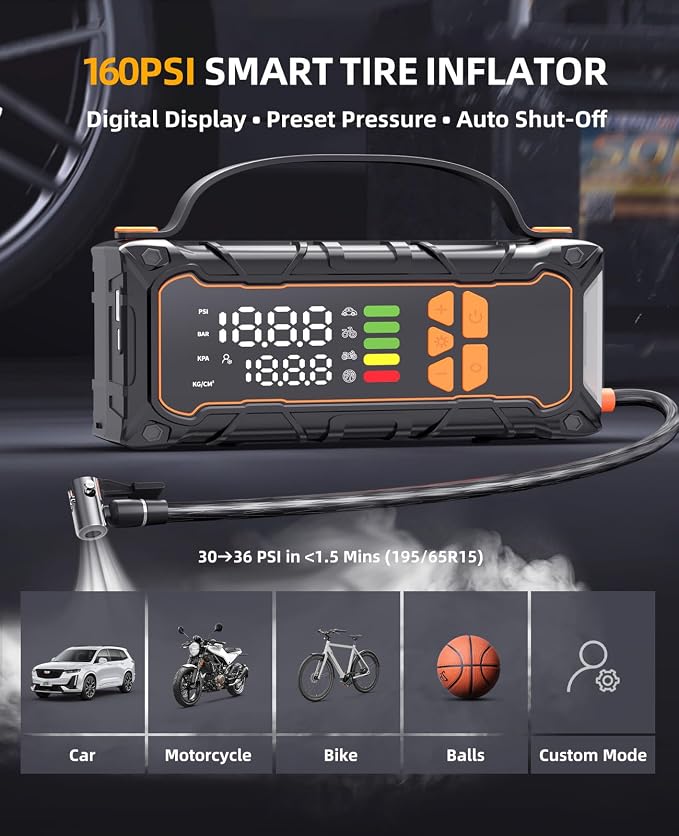 Battery Jumper Starter Portable, Jump Starter with Air Compressor-4000A 12V (7.0L Gas/ 6.0L Diesel) with 160PSI Tire Inflator, 10000mAh Jump Box Car Battery Jump Starter, Jumper Cables, LED Light