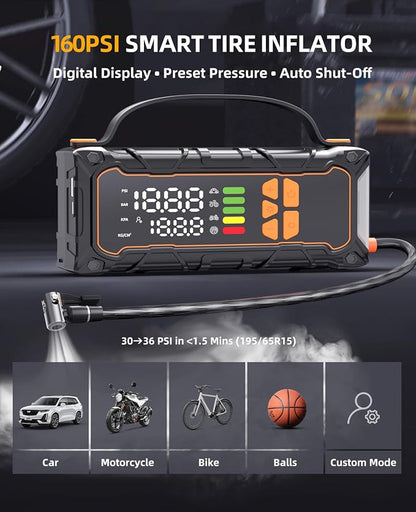 Battery Jumper Starter Portable, Jump Starter with Air Compressor-4000A 12V (7.0L Gas/ 6.0L Diesel) with 160PSI Tire Inflator, 10000mAh Jump Box Car Battery Jump Starter, Jumper Cables, LED Light