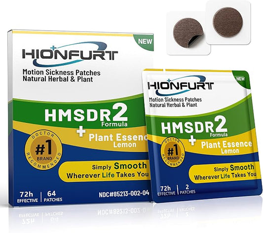 Hionfurt HMSDR2 64ct Motion Sickness Patches with Plant Essence – Lemon – Sea Sickness Patches for Cruise, Car, Airplane – Non-Drowsy, 72H Lasting