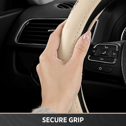 Road Comforts Steering Wheel Cover - Flat Bottom Wheel Cover Made with PVC Leather and Leopard Fabric - Universal Fit for 15-Inch D-Shaped Automotive Steering Wheels (Milky White)