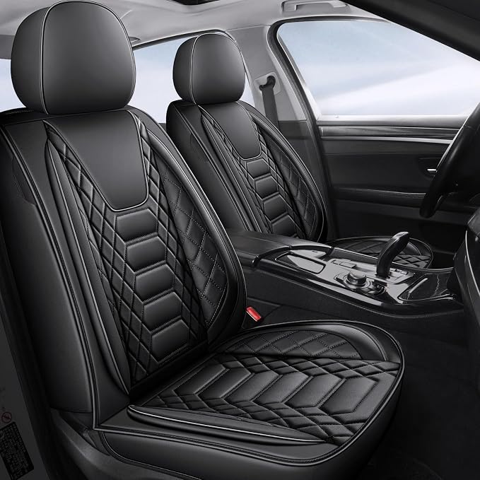 FREESOO Car Seat Covers Leather, Seat Cover Full Set Waterproof Automotive Cushion Protector Accessories Airbag Compatible Universal Fit for 5 Seats Vehicle (Black 8)