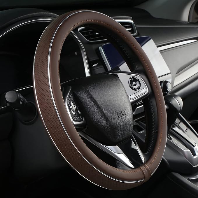 ALEMODR Brown Leather Steering Wheel Cover Fiber Strip Car Steering Wheel Cover Universal 15 inch for Men