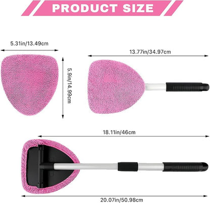 Windshield Cleaning Tool, Car Window Cleaner with Extendable Handle, 4 Microfiber Pads and Spray Bottle, Auto Interior Exterior Glass Wiper Cleaning Kit Universal for RV, SUV, Truck (Pink)