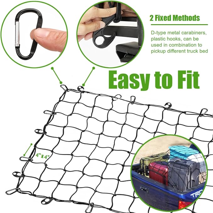 4' x 6' Cargo Net Stretches to 6' x 12', Heavy Duty Cargo Netting for Pickup Truck Bed, Roof Rack Net with Hooks Carabiners