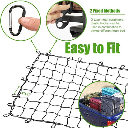 4' x 6' Cargo Net Stretches to 6' x 12', Heavy Duty Cargo Netting for Pickup Truck Bed, Roof Rack Net with Hooks Carabiners
