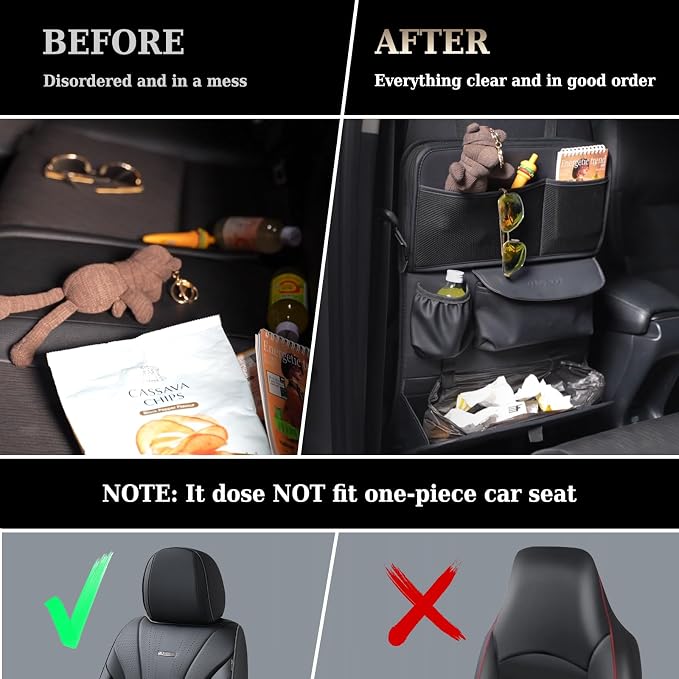 Coverado Backseat Car Organizer, Nappa Leather Car Seat Organizer with Touch Screen Tablet Holder, Foldable Food Tray, Kick Mats Protector, Multi Car Storage Accessories, Garbage Bag Holder-1 Pack