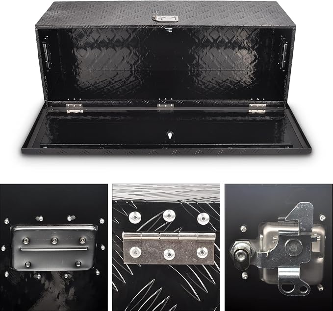 44 Inch Aluminum Truck Bed Tool Box, 5 Bar Tread Truck Tool Box with Lock&Keys, Heavy Duty Waterproof Flatbed tool box for Vans, Trailers, RVS，Trucks, Black(44"x15"x15")