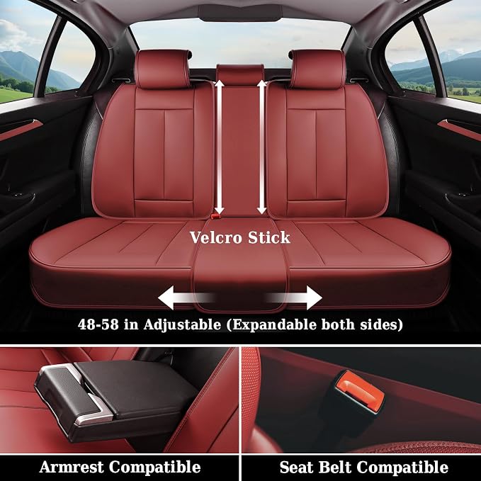 Coverado Universal Seat Covers Full Set, Universal Seat Covers for Cars, Waterproof Nappa Leather Car Seat Covers with Head Pillow, 5 Seats Auto Protectors Fit for Most Sedans SUV Pick-up Truck-Red