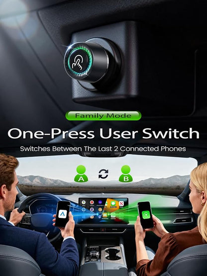 Wireless CarPlay Adapter for Apple iPhone -1 Click Switch for 2 Phones, Plug & Play, Converts Wired to Wireless Car Play Dongle, No Lag, Fast Stable for Cars 2016+ with Apple CarPlay & Android Auto