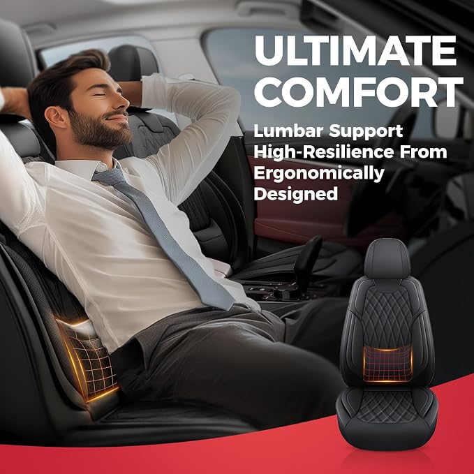 FREESOO Black Car Seat Covers Full Set - Faux Nappa Leather Seat Covers for Cars, Ultra Breathable Waterproof Front Seats Protector with Lumbar Support, Universal Fit for Automotive Sedan SUVs Pickups