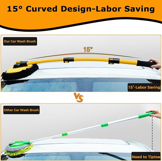 WillingHeart 15° Curved Car Wash Brush with Long Handle 43" Extension Pole RV Truck Microfiber Cleaning Mop Auto SUV Wheel Boat Exterior Interior Detailing 2 in 1 Carwash Duster Not Hurt Paint, Yellow