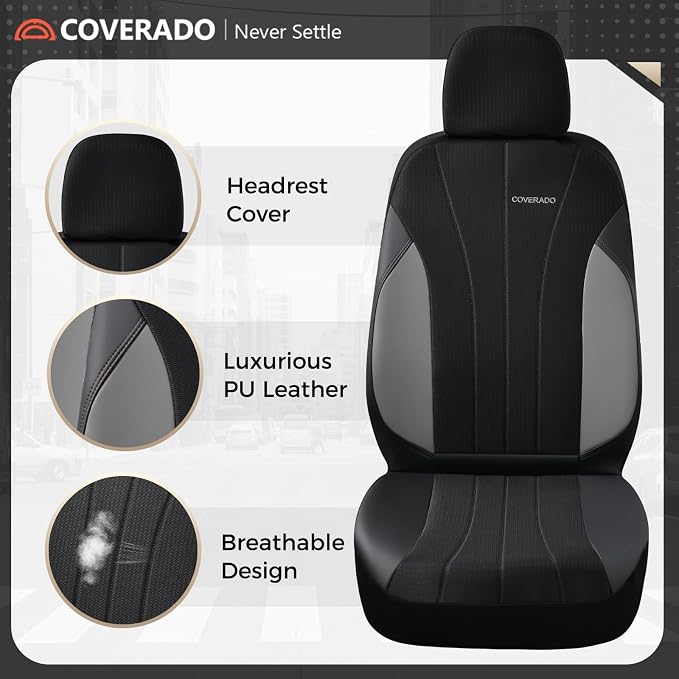 Coverado Seat Covers for Car 2 Seats, Leather Car Seat Covers Fullset, Breathable Mesh Front and Rear Protectors, Grey Luxury Automotive Covers, Universal Fit for SUV, Truck, Sedan