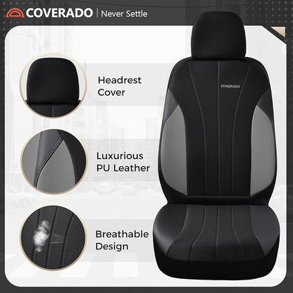 Coverado Seat Covers for Car 2 Seats, Leather Car Seat Covers Fullset, Breathable Mesh Front and Rear Protectors, Grey Luxury Automotive Covers, Universal Fit for SUV, Truck, Sedan