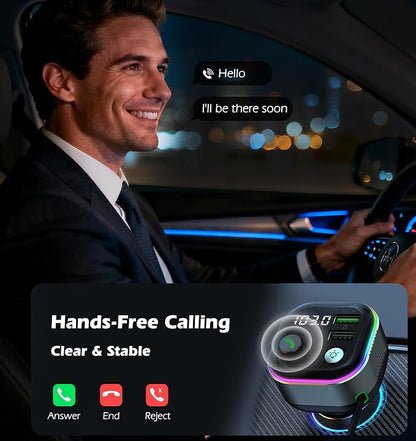 LIHAN Bluetooth 5.4 FM Transmitter for Car, 36W(12V)-65W(24V) Type C Retractable Cord Fast Charger, Wireless Audio Adapter with Hi-Fi Bass,Hands-Free Call,Music Player,Compatible with iPhone & Android