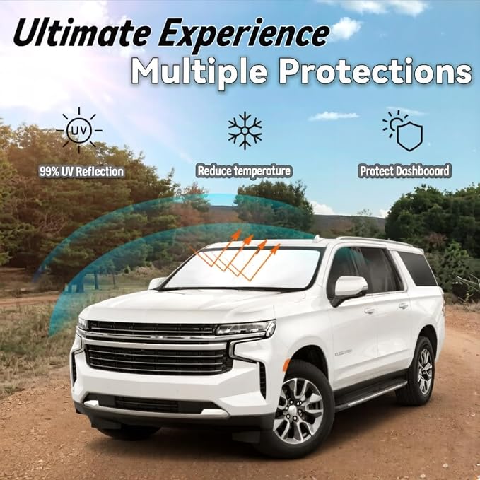 Windshield Sun Shade for Chevy Chevrolet Suburban 2021-2025, Car Front Window Sunshade with 240T Sun Visor Protector Blocks UV Rays Heat Sun Shield Accessories