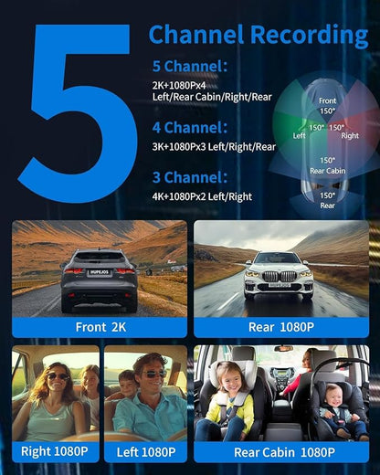 HUPEJOS 360° View 5 Channel Dash Cam Front and Rear with AI Driver Monitor System DMS, 4K Dash Camera for Cars, Built-in GPS 5G WiFi Night Vision, Free 128G Card, 24/7 Parking Monitor Mode