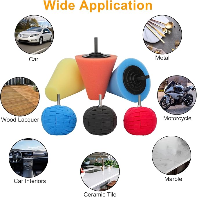 Linkstyle 6PCS Car Wheel Hub Drill Buffing Sponge Pads Kit, 3 inch Shank Polishing Pads for Wheel Hub Cleaning, Auto Cone Metal Polish Buffing Polishing Ball