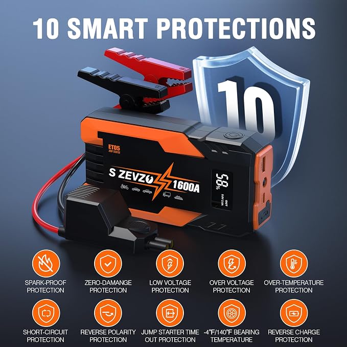 S ZEVZO Jump Starter 1000A Peak Portable Jump Starter for Car (Up to 7.0L Gas 5.5L Diesel Engine) 12V Auto Battery Booster Pack with Jumper Clamps