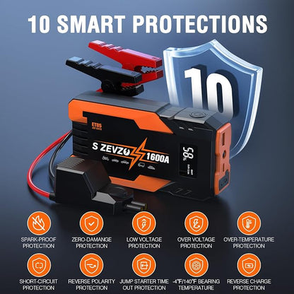 S ZEVZO Jump Starter 1000A Peak Portable Jump Starter for Car (Up to 7.0L Gas 5.5L Diesel Engine) 12V Auto Battery Booster Pack with Jumper Clamps