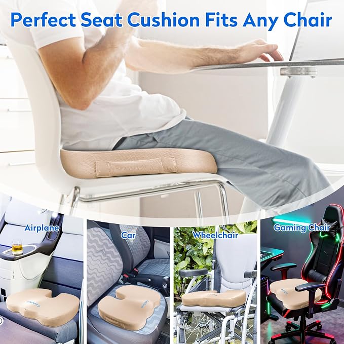 XXL Seat Cushion Office Car Seat Cushion, Memory Foam Cushion for Office Chair, Car Seat, Airplane, Bleacher Non-Slip Chair Pad (Khaki