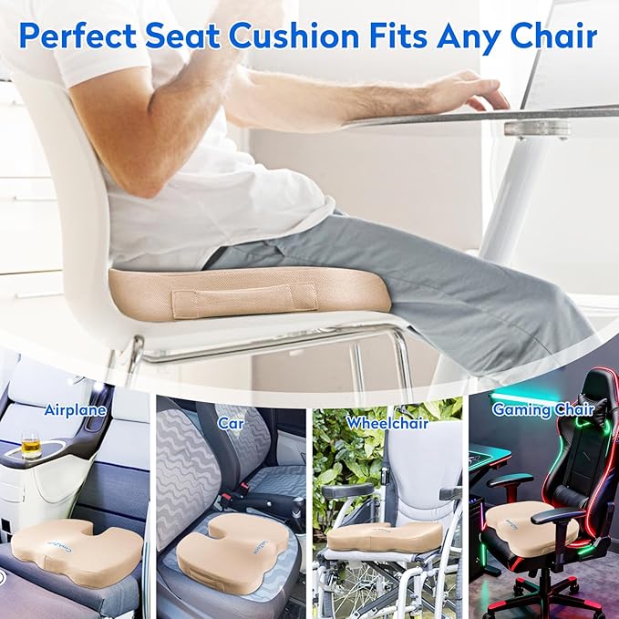 CushZone Seat Cushion, Office Chair Cushions, Car Seat Cushion, Non-Slip Sciatica & Back Coccyx Tailbone Pain Relief Chair Pad, Memory Foam (Khaki)
