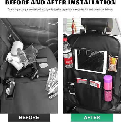 2 PCS Car Backseat Organizer, Multifunctional Seat Back Organizers with Touch Screen Tablet Holder, Waterproof Oxford Seat Back Storage Bag Kick Mats for Most Vehicles