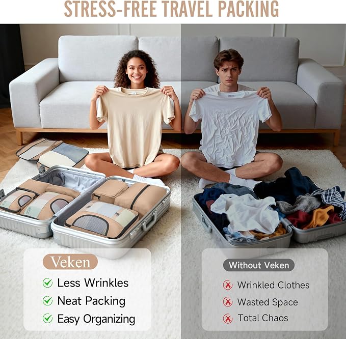 Veken 8 Set Packing Cubes for Travel Essentials,Anti-Wrinkle Buckled Suitcase Organizer for Shoe & Toiletry Bag,Carry On Luggage Bag with 99+ Count Mesh Holes for Airplane & College Dorm Accessories