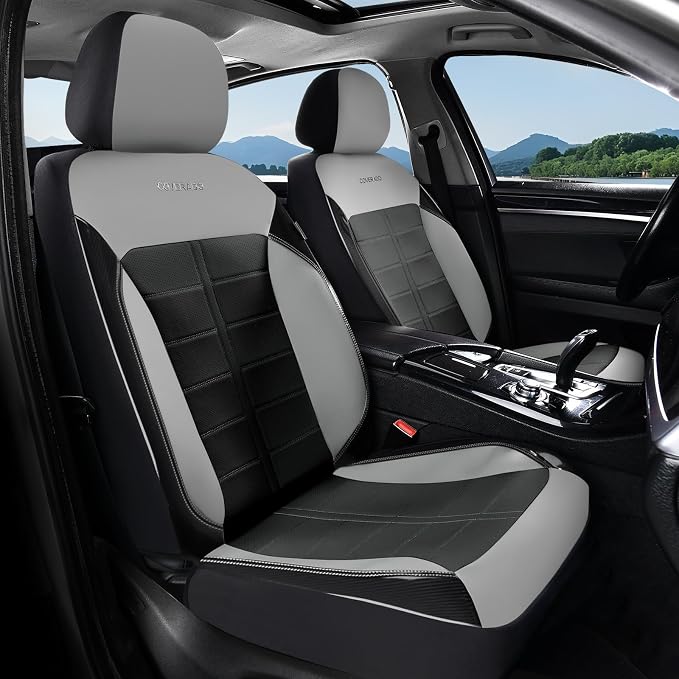 Coverado Front Seat Covers 2 Pieces Universal Seat Cover for Cars Breathable Leather Waterproof Car Seat Cover Driver Seat Cover Automotive Car Seat Cushion Fit for Most Cars SUV Trucks, Gray&Black