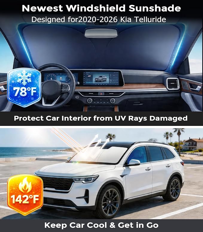 DMJN Front Windshield Sun Shade for Kia Telluride (2020-2026), [Nano Ice-Crystal Coatings] UPF50+ Heat & UV Block, Protect Car Interior & Keep Cool, Flodable Steel-Ring Car Cover for Summer