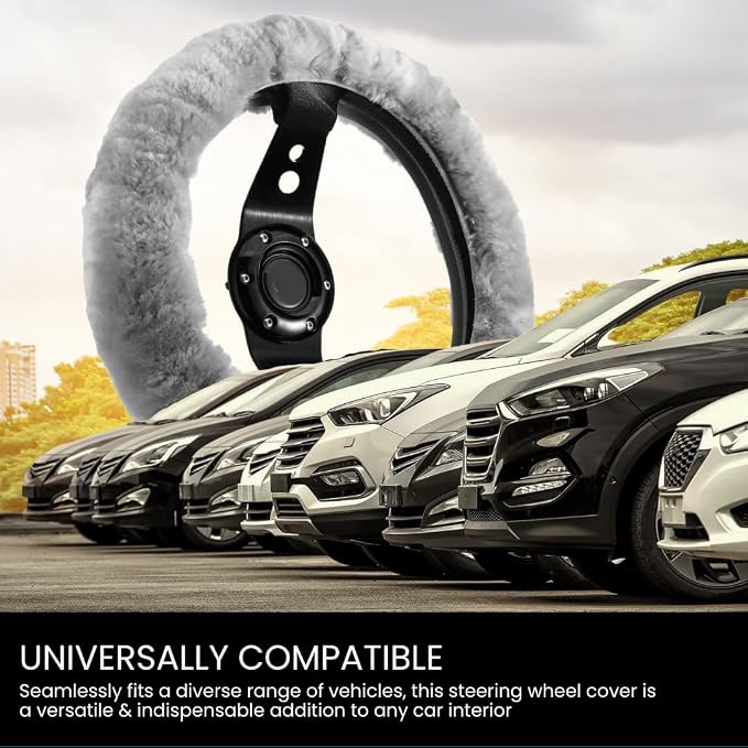 Andalus Brands Luxury Fluffy Car Steering Wheel Covers – Genuine Merino Sheepskin, Soft Fuzzy Car Steering Wheel Cover for Women, Universal 14.5-15" Size, Plush Fur Cute Auto Accessories, Gray