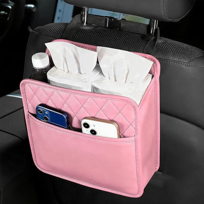 Car Seat Back Organizer, Leather Backseat Hanging Storage Bag, Multipurpose Car Hanging Trash Bag with 2 Compartments, Car Large Capacity Pouch Pocket for Kids & Adults (Pink)