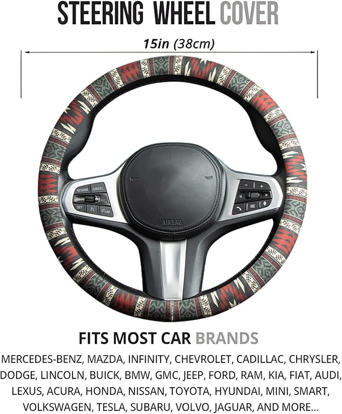 Western Aztec Steering Wheel Cover Auto Steering Wheel Protector, Anti-Slip, Breathable, Absorbing Sweat, Universal Aztec Car Accessories 14.5–15 inch