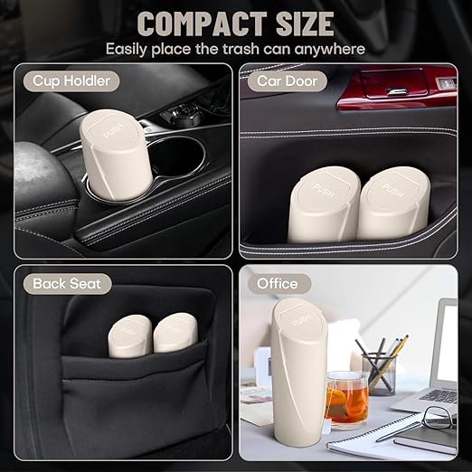 Car Trash Can Bin with Lid - 2 Packs Car Garbage Can Cup Holder-Light Beige Mini Leakproof Vehicle Garbage Bin with 40pcs Trash Bags-Automotive Organizers and Storage for Front Back Seat Accessories