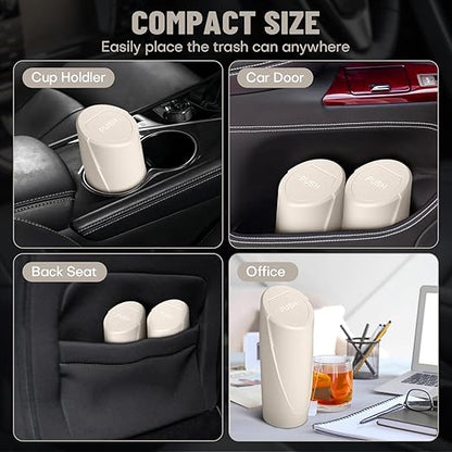 Car Trash Can Bin with Lid - 2 Packs Car Garbage Can Cup Holder-Light Beige Mini Leakproof Vehicle Garbage Bin with 40pcs Trash Bags-Automotive Organizers and Storage for Front Back Seat Accessories