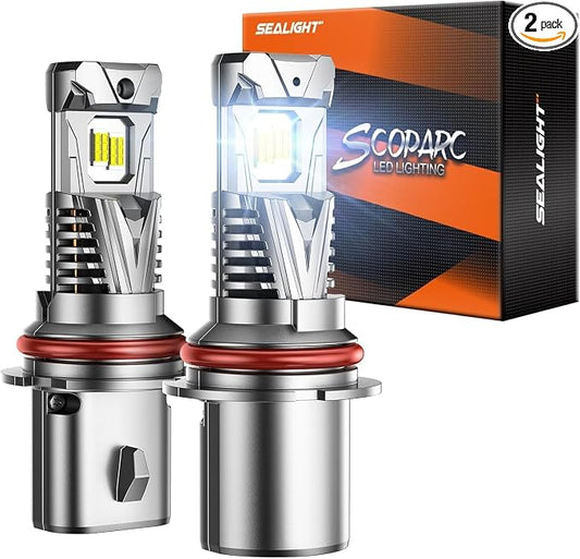 SEALIGHT 9004 Headlight Bulb, 60000LM 900% Super Brighter, With 25000RPM Powerful Cooling Fan, 6500K Hi/Low Beam, 10 Years Lifespan Pack of 2