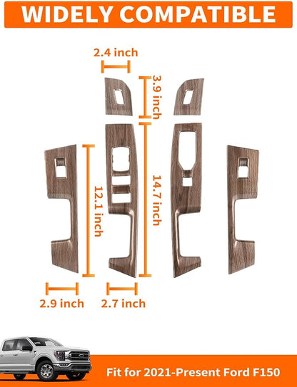 Savadicar Wood Grain Interior Accessories - Door Window Button Panel Trim Cover for Ford F150 (2021-present) - Premium Texture Interior Decor Upgrade Kit, 4-Piece Set